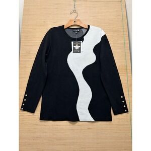 Antthony Original Womens Black White Colorblock Wavy Knit‎ Sweater Gold Button M